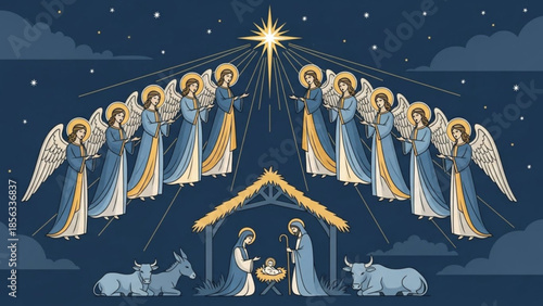 Nativity scene with angels, mary, joseph, and baby jesus in a manger under a starry night sky with donkey and ox, christmas religious illustration