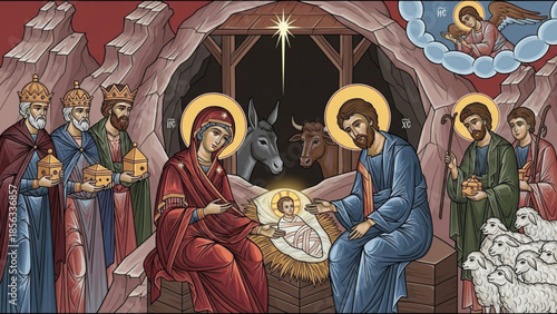 Nativity scene with holy family, angels, shepherds, and wise men in a rustic manger, symbolizing christmas and the birth of jesus christ, with a star shining brightly