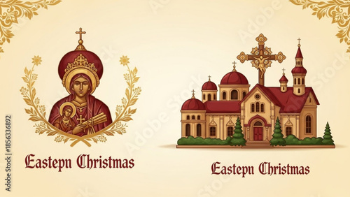 Eastern christmas icon of virgin mary with baby jesus and church building with red domes and cross on top, gold accents, beige background