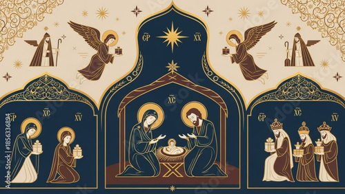 Nativity scene with holy family, angels, and wise men in ornate gold and blue iconographic style, depicting jesus christ birth