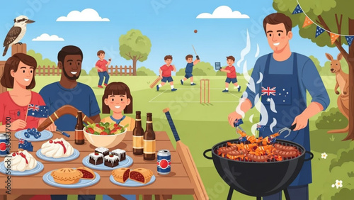 Family having a barbecue in a park on a sunny day with food on the table and people playing cricket in the background, australian flag on apron and shirt