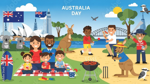 Australian day, family having picnic with barbecue and surfboard, kids playing cricket with kangaroo and wallaby, sydney opera house and harbour bridge in background