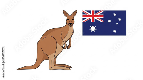 Brown kangaroo standing next to australian flag on white background, symbolizing australia, national pride, and wildlife, cute cartoon illustration for travel and tourism