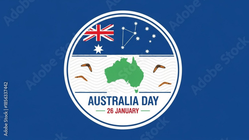 Australia day celebration emblem with australian flag map and boomerangs on blue background