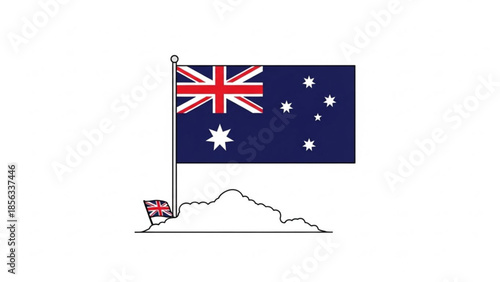 Australian flag waving on mountain peak with smaller uk flag, symbolizing national pride and global connections in oceania