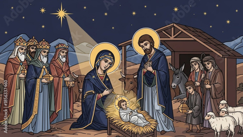 Nativity scene with holy family, three wise men, and animals under starry night sky, christmas religious illustration