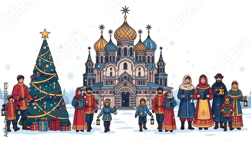 A festive russian family gathers around a decorated christmas tree in front of a colorful orthodox church on a snowy winter day with presents and lanterns