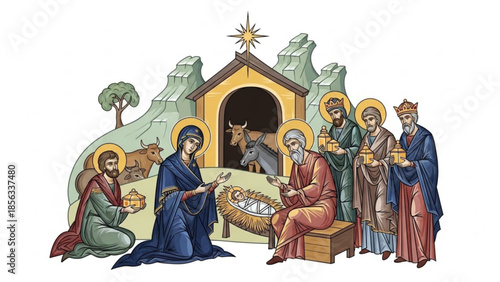 Nativity scene with holy family and three wise men in a manger with a star shining above on a white background
