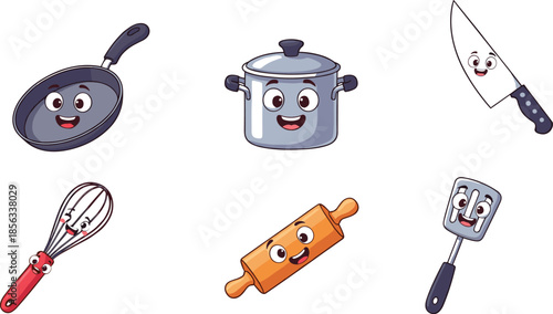 Adorable cartoon vector illustration of cute kitchen utensils with happy kawaii faces including frying pan, pot, knife, whisk, rolling pin, spatula.