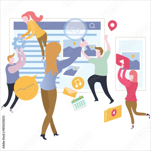 Conceptual web seo illustration landing page website. Conceptual web seo illustration. Landing page for stylish website. Teamwork project, web agency or male young employee and new company project. St