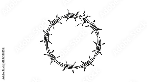 Barbed wire circle with broken section, symbolizing restriction, security, and danger in a minimalist style.