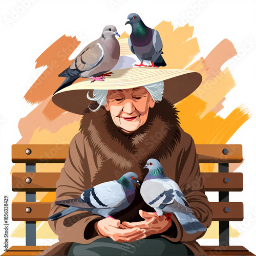 An elderly woman finds peace and companionship with pigeons on a park bench