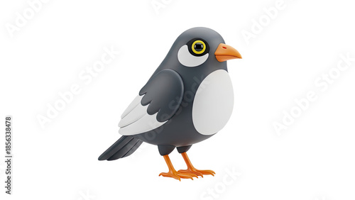3D Cute cartoon bird with dark gray and white feathers on transparent background