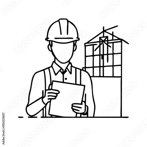 Single continuous line drawing of young construction worker. Building architecture business concept. One line draw design transparent background