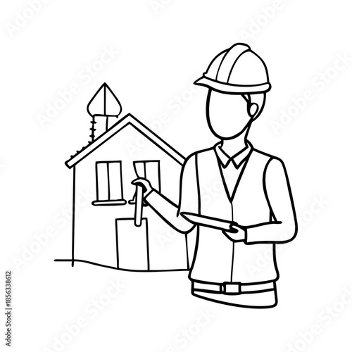 Single continuous line drawing of young construction worker. Building architecture business concept. One line draw design transparent background
