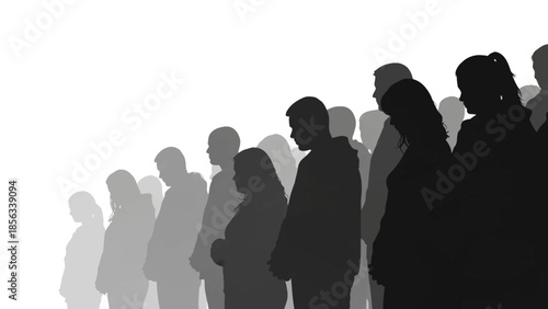 Silhouettes of diverse people standing in a queue, representing waiting, patience, and community.