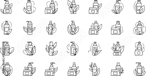 Natural Herbal Cosmetic and Organic Skincare Icon Set - Vector Line Art Doodles of Eco-Friendly Beauty Products and Botanical Ingredients