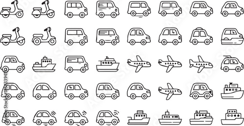 Vector Transportation and Travel Icon Set - Minimalist Outline Doodles of Cars, Boats, Airplanes and Scooters