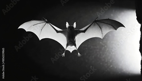 A captivating black and white shot reveals a bat in mid-flight against a mysterious dark background, highlighting its majestic wingspan and intriguing features.