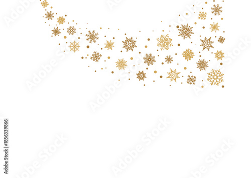 Gold snowflakes wave. Christmas ornaments. Happy Holiday background. Merry xmas snow flakes elements. Winter bg. New Year banner. Light string.