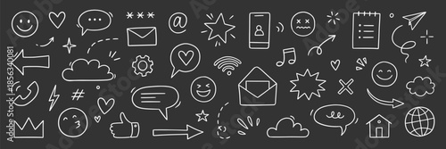 Emoji internet sketch icon set. Internet conversation, media outline tech emoji, star, arrow shape. Hand drawn sketch chat emoticon reaction, cloud, smile face on chalkboard. Vector illustration
