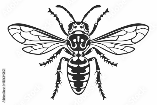 Detailed Black and White Wasp Insect Vector Illustration