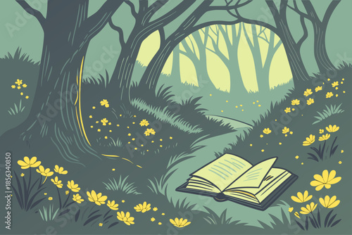 Open Book in a Whimsical Forest Clearing with Yellow Flowers