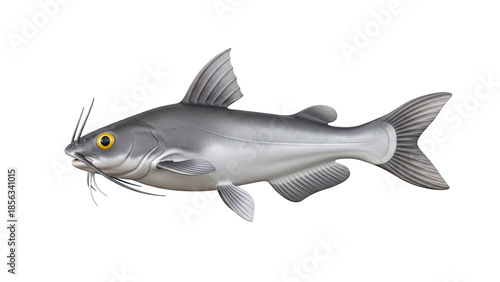 3D Catfish with whiskers and yellow eye on transparent background