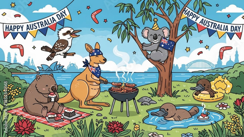 Australian animals celebrating australia day with barbecue picnic in a scenic park with city skyline and sydney harbour bridge in the background