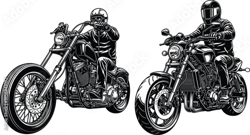 Black and White Vector Illustration of Two Motorcyclists Riding Chopper and Modern Bikes in Bold Detailed Style for Stock Content