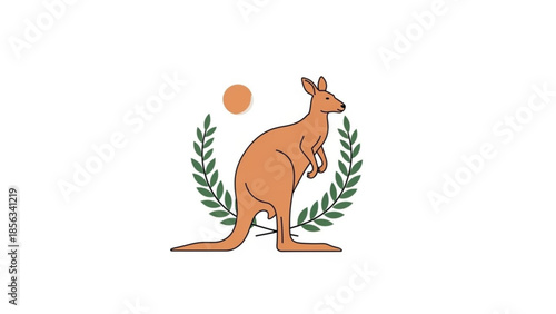 Kangaroo with joey in pouch standing beside green leaves and orange circle on white background