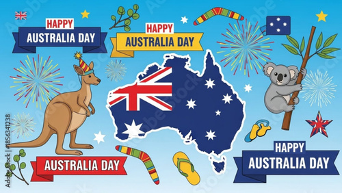 Happy australia day celebration with kangaroo and koala, australian flag, fireworks and confetti on blue background with colorful ribbons