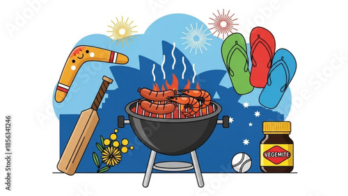 Summer barbecue with prawns on grill cricket bat and flip flops on blue background with fireworks and vegemite