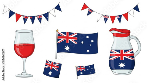 Australia day celebration elements with flags bunting and wine glass and jug on white background
