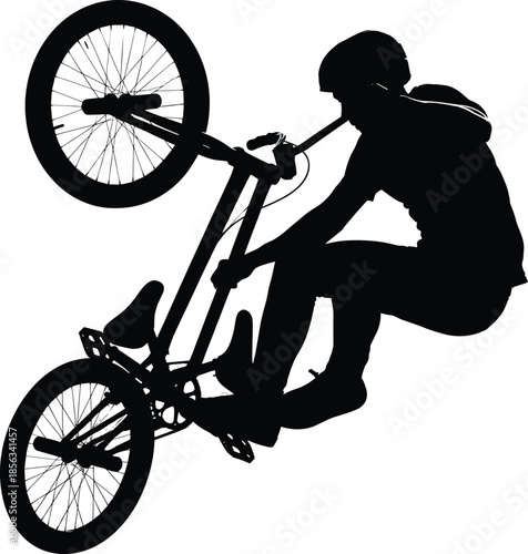 BMX freestyle rider performing aerial trick stunt silhouette vector illustration for extreme sport, urban cycling, action design, adrenaline, competition lifestyle graphics