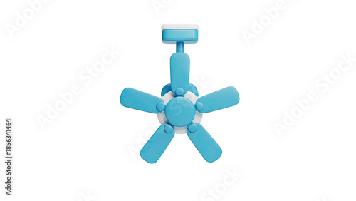 3D Cute blue and white ceiling fan illustration on transparent background