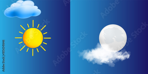 Day and night. Volumetric sun, moon and cloud on blue sky background. Vector illustration.
