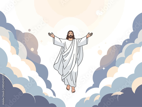 Illustration of Jesus ascending above clouds with arms outstretched under bright light