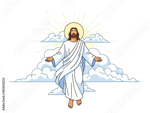Illustration of Jesus Christ with a halo descending through white and light blue clouds