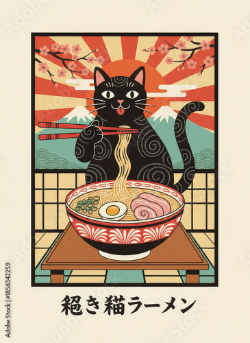 black cat eating ramen with chopsticks