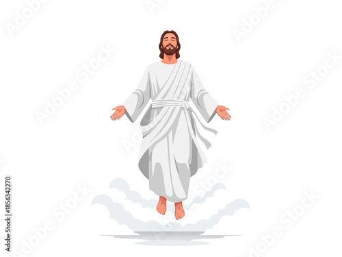 Jesus ascending depicted in white robes floating above white clouds