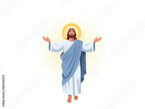 Illustration of Jesus Christ with outstretched arms glowing background