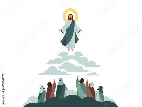 Jesus ascending into clouds as disciples watch below