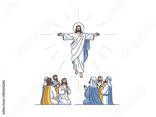 Jesus ascending to heaven while disciples watch below