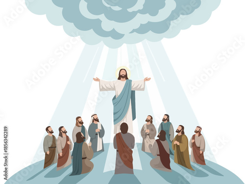 Jesus ascending into heaven before eleven disciples under clouds and light