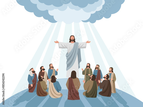 Jesus ascending into a cloud surrounded by disciples looking up