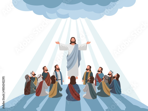 Jesus ascending into a cloud with disciples looking up below