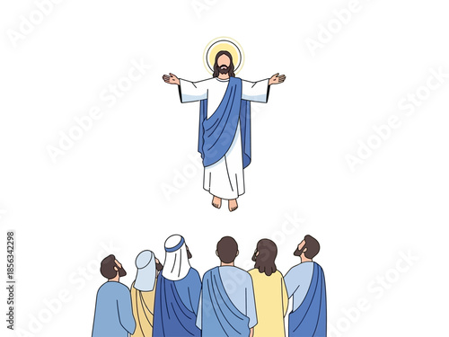 Jesus ascending to heaven viewed from behind by a group of followers