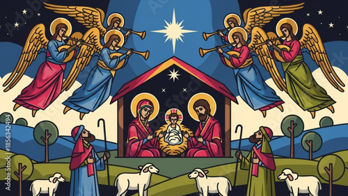 Nativity scene with angels and shepherds illustration, christmas, jesus birth, holy family, manger, star, night sky