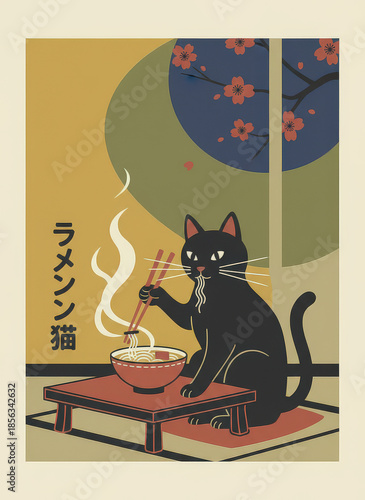 black cat eating ramen with chopsticks